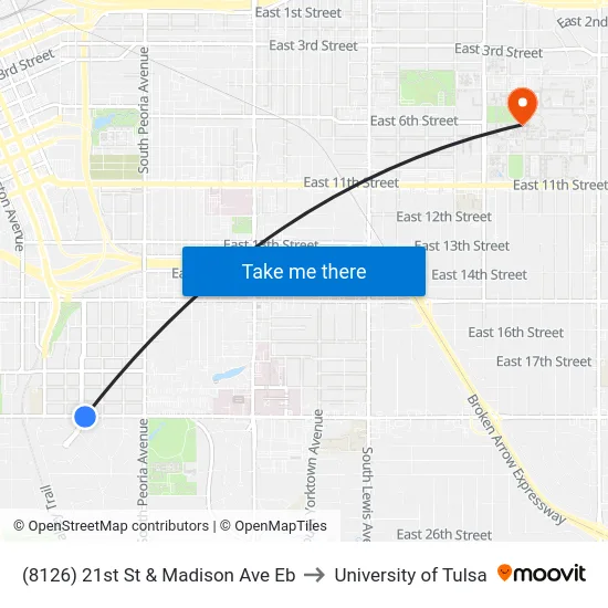 (8126) 21st St & Madison Ave Eb to University of Tulsa map