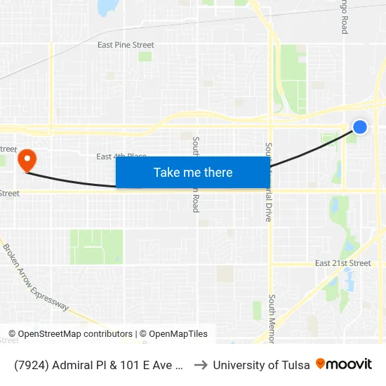 (7924) Admiral Pl & 101 E Ave Eb to University of Tulsa map