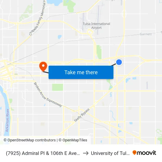 (7925) Admiral Pl & 106th E Ave Eb to University of Tulsa map