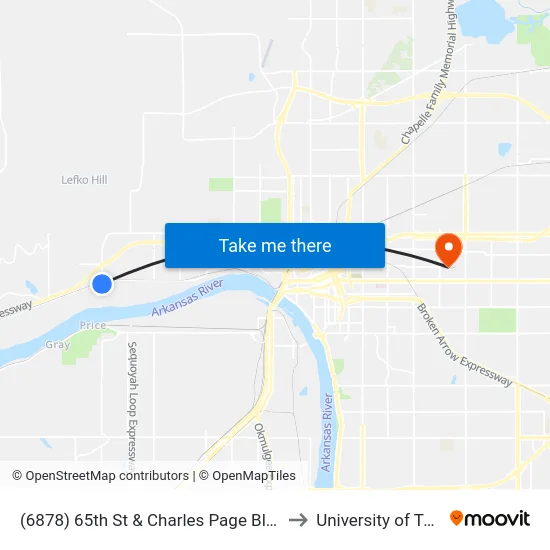 (6878) 65th St & Charles Page Blvd Sb to University of Tulsa map
