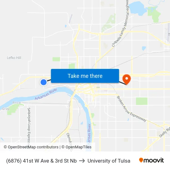 (6876) 41st W Ave & 3rd St Nb to University of Tulsa map