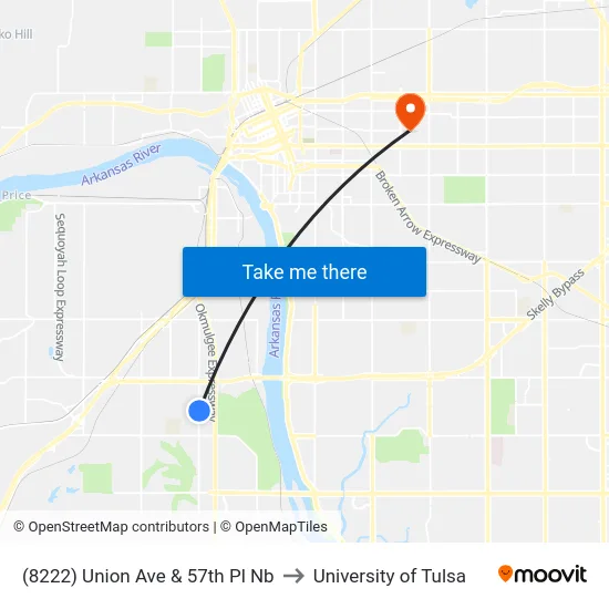 (8222) Union Ave & 57th Pl Nb to University of Tulsa map