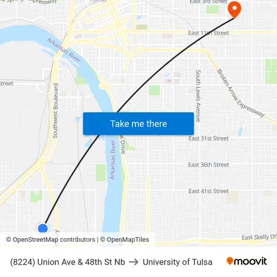 (8224) Union Ave & 48th St Nb to University of Tulsa map