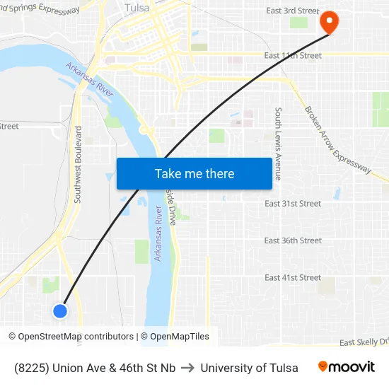 (8225) Union Ave & 46th St Nb to University of Tulsa map