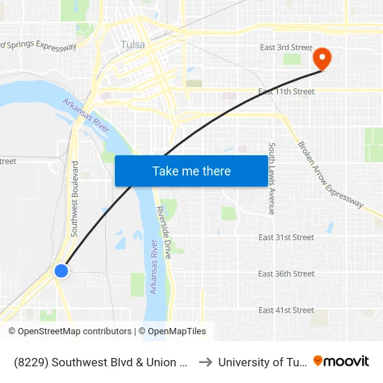 (8229) Southwest Blvd & Union Pl Nb to University of Tulsa map