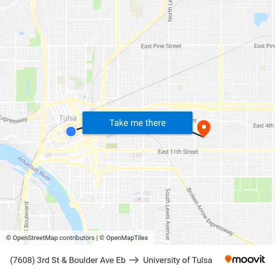 (7608) 3rd St & Boulder Ave Eb to University of Tulsa map