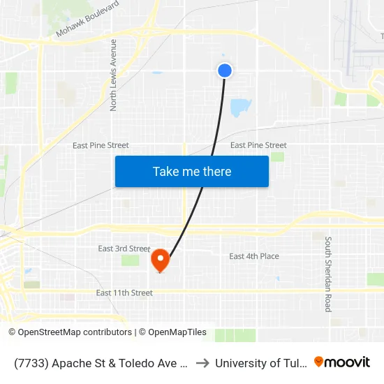 (7733) Apache St & Toledo Ave Wb to University of Tulsa map