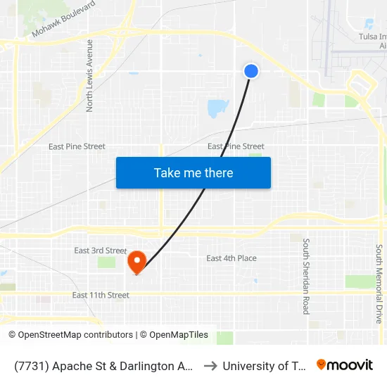 (7731) Apache St & Darlington Ave Wb to University of Tulsa map