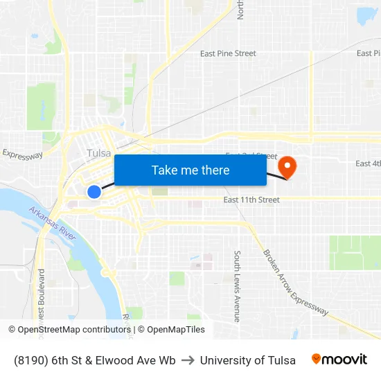 (8190) 6th St & Elwood Ave Wb to University of Tulsa map