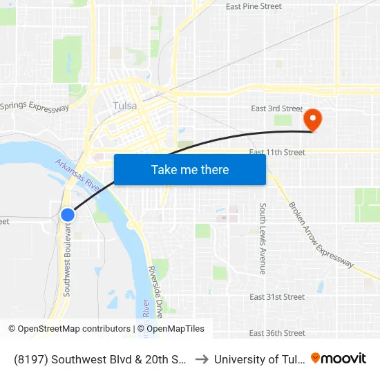 (8197) Southwest Blvd & 20th St Sb to University of Tulsa map