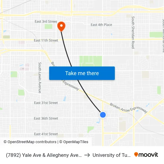 (7892) Yale Ave & Allegheny Ave Nb to University of Tulsa map
