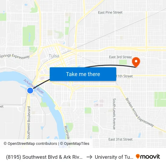 (8195) Southwest Blvd & Ark River Sb to University of Tulsa map