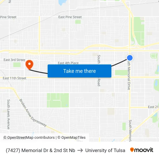 (7427) Memorial Dr & 2nd St Nb to University of Tulsa map