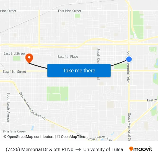 (7426) Memorial Dr & 5th Pl Nb to University of Tulsa map
