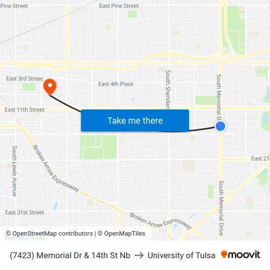 (7423) Memorial Dr & 14th St Nb to University of Tulsa map