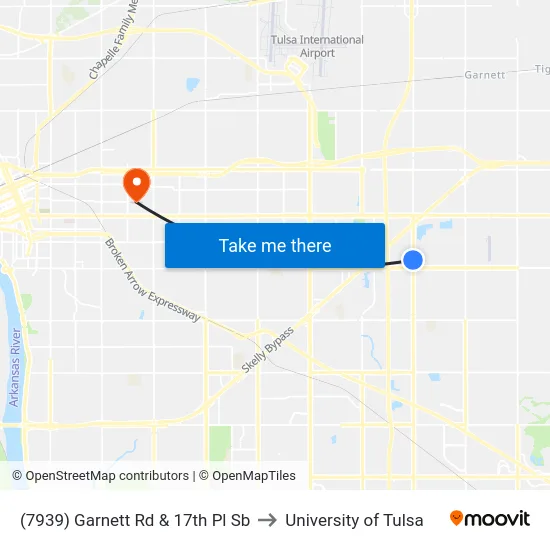 (7939) Garnett Rd & 17th Pl Sb to University of Tulsa map