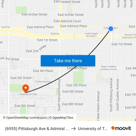 (6955) Pittsburgh Ave & Admiral Pl Sb to University of Tulsa map