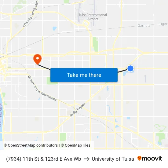 (7934) 11th St & 123rd E Ave Wb to University of Tulsa map