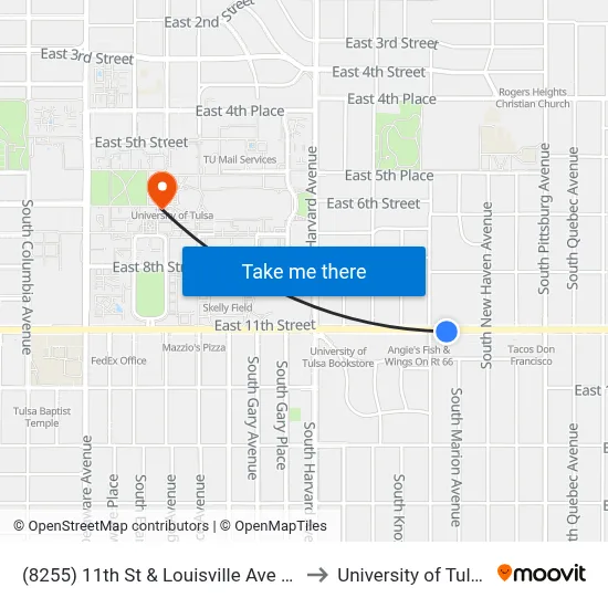 (8255) 11th St & Louisville Ave Eb to University of Tulsa map