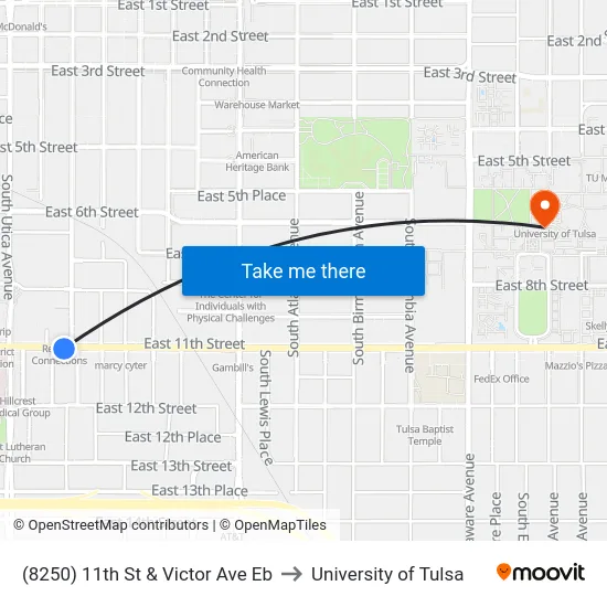 (8250) 11th St & Victor Ave Eb to University of Tulsa map