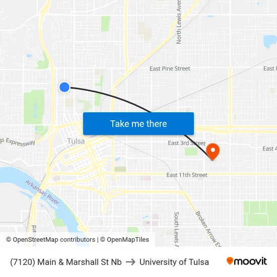 (7120) Main & Marshall St Nb to University of Tulsa map