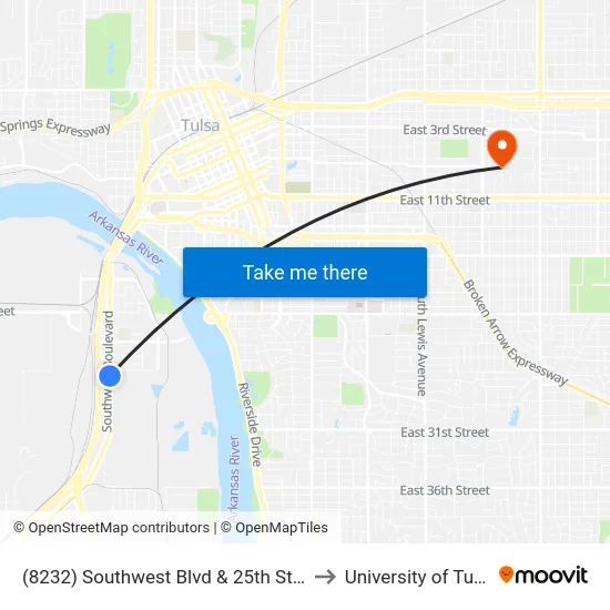 (8232) Southwest Blvd & 25th St Nb to University of Tulsa map