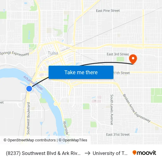 (8237) Southwest Blvd & Ark River Nb to University of Tulsa map
