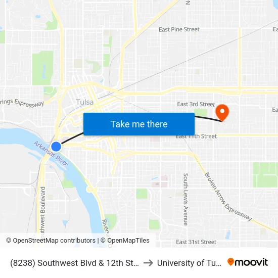 (8238) Southwest Blvd & 12th St Nb to University of Tulsa map