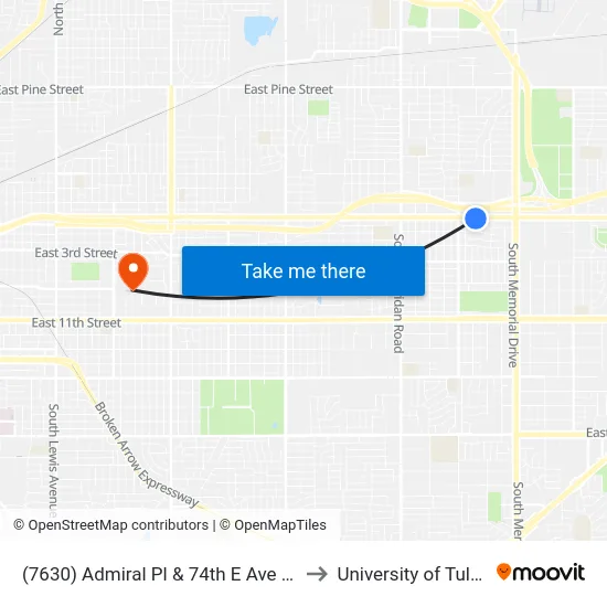 (7630) Admiral Pl & 74th E Ave Eb to University of Tulsa map