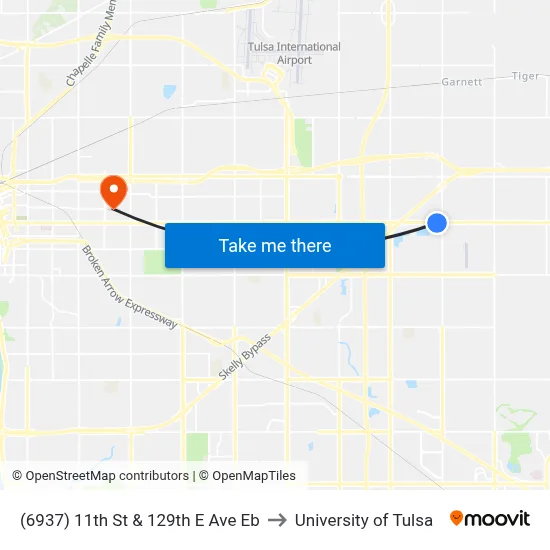 (6937) 11th St & 129th E Ave Eb to University of Tulsa map