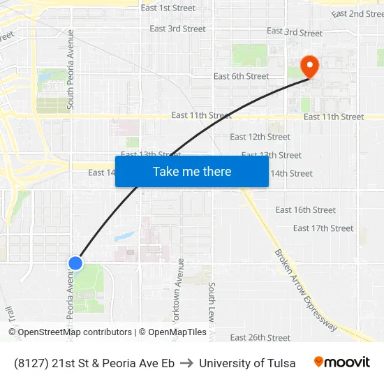 (8127) 21st St & Peoria Ave Eb to University of Tulsa map