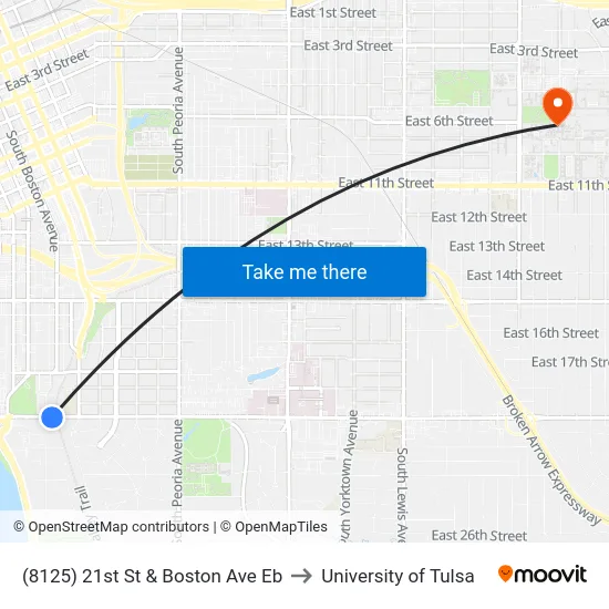 (8125) 21st St & Boston Ave Eb to University of Tulsa map