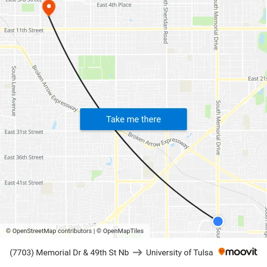 (7703) Memorial Dr & 49th St Nb to University of Tulsa map