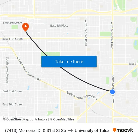 (7413) Memorial Dr & 31st St Sb to University of Tulsa map