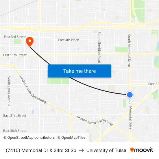 (7410) Memorial Dr & 24rd St Sb to University of Tulsa map