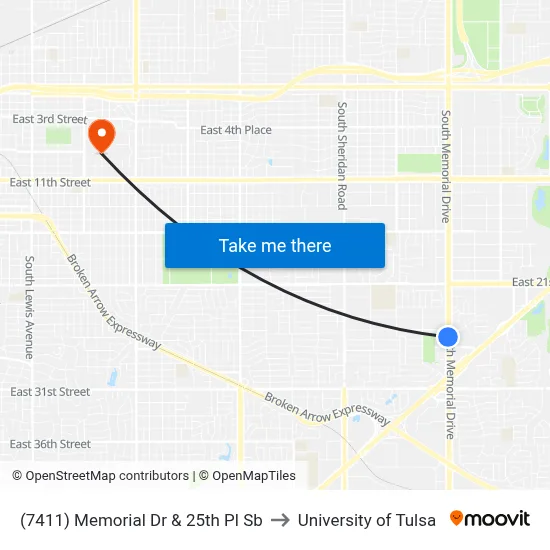 (7411) Memorial Dr & 25th Pl Sb to University of Tulsa map