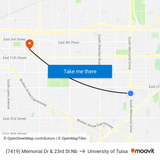 (7419) Memorial Dr & 23rd St Nb to University of Tulsa map