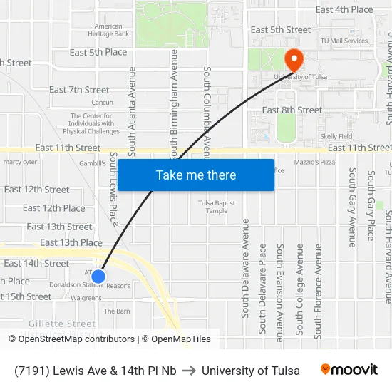 (7191) Lewis Ave & 14th Pl Nb to University of Tulsa map