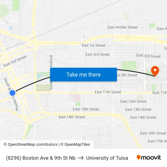 (8296) Boston Ave & 9th St Nb to University of Tulsa map