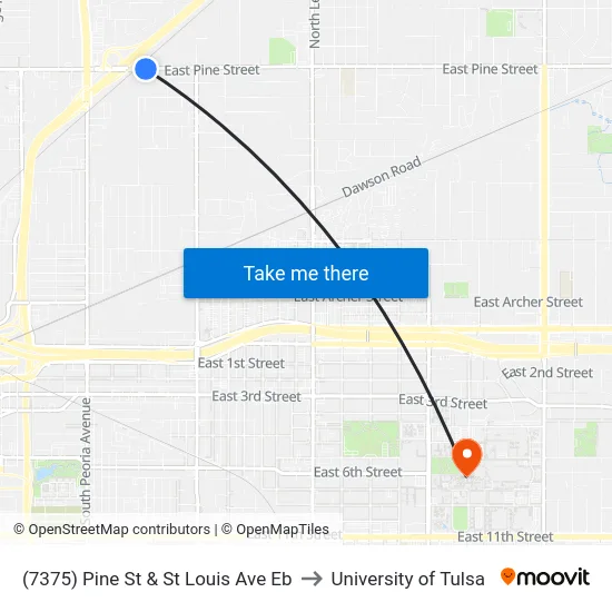 (7375) Pine St & St Louis Ave Eb to University of Tulsa map