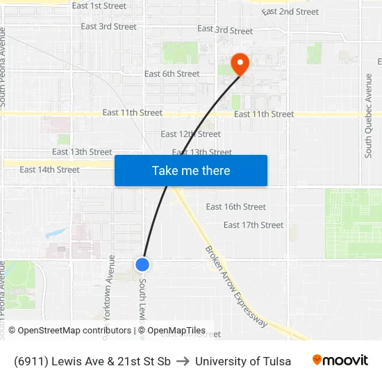 (6911) Lewis Ave & 21st St Sb to University of Tulsa map