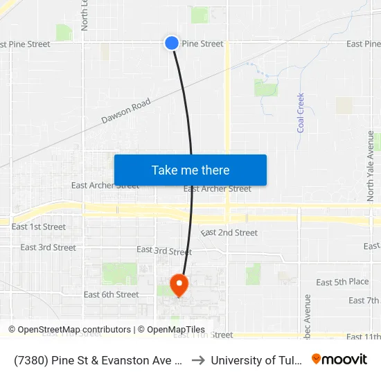 (7380) Pine St & Evanston Ave Eb to University of Tulsa map