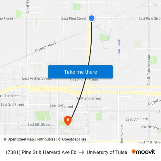 (7381) Pine St & Harvard Ave Eb to University of Tulsa map