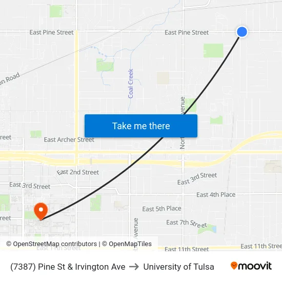 (7387) Pine St & Irvington Ave to University of Tulsa map