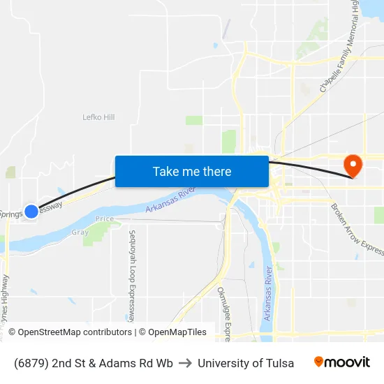 (6879) 2nd St & Adams Rd Wb to University of Tulsa map