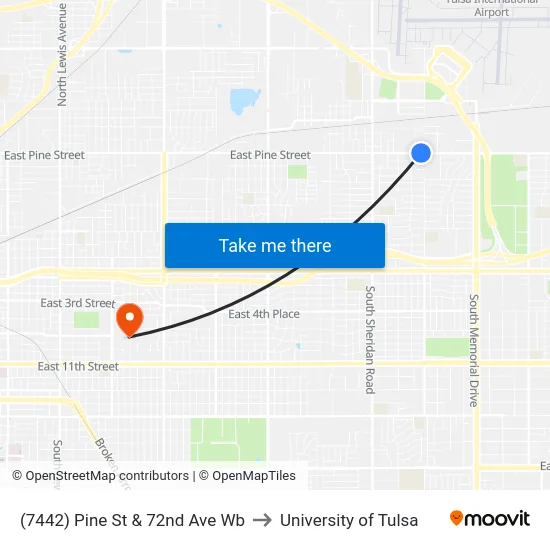 (7442) Pine St & 72nd Ave Wb to University of Tulsa map