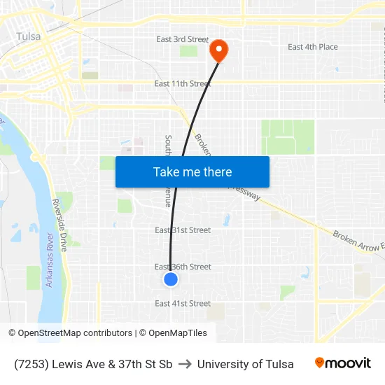 (7253) Lewis Ave & 37th St Sb to University of Tulsa map