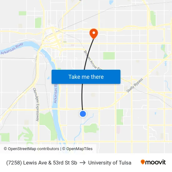 (7258) Lewis Ave & 53rd St Sb to University of Tulsa map