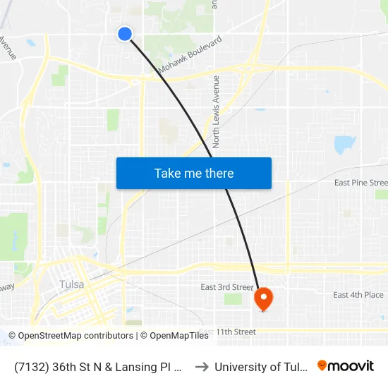 (7132) 36th St N & Lansing Pl Wb to University of Tulsa map