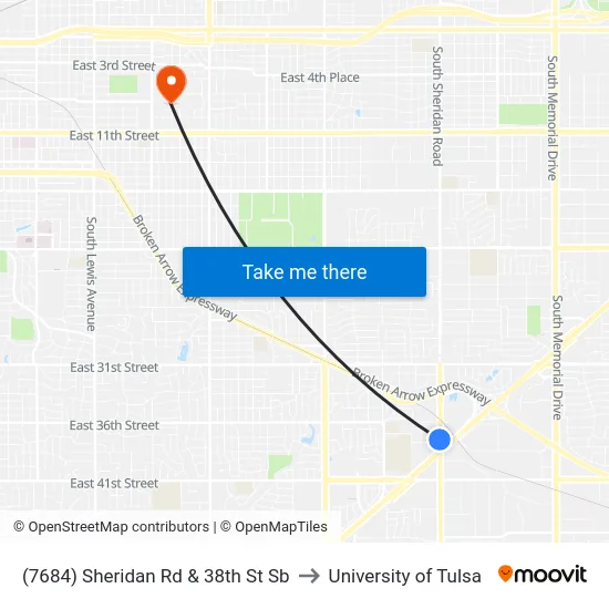 (7684) Sheridan Rd & 38th St Sb to University of Tulsa map